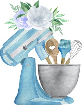 Watercolor blue pastry planetary mixer with flowers and greenery. Bakery illustration for invitation, pastry, menu, logo vector
