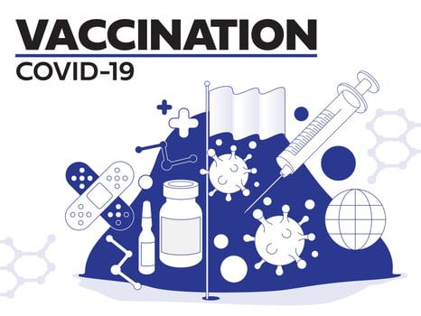 Coronavirus vaccine vector background. Covid-19 corona virus vaccination with vaccine bottle and syringe injection tool for covid19 immunization treatment. Vector illustration.