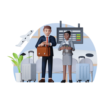 businessman and business woman standing at the airport with passport and suitcase, 3d character illustration png
