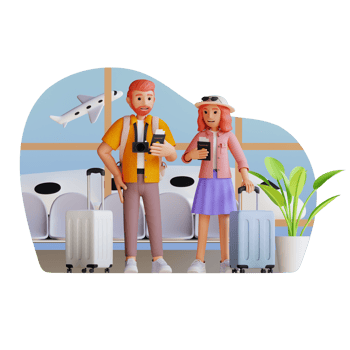 tourist couple standing at the airport with passport and suitcase, 3d character illustration png