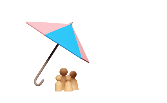 3d umbrella protecting model family with wooden doll figures isolated. happy family, protection, accident insurance concept, 3d render illustration png