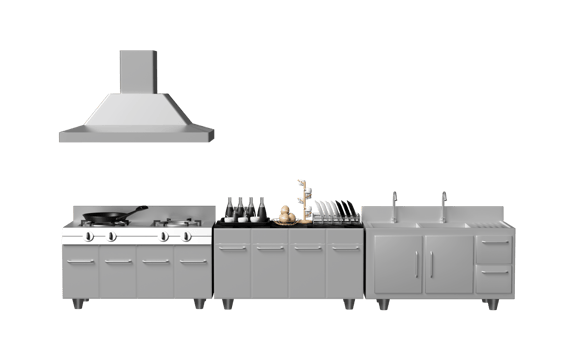 3d restaurant kitchen isolated. modern industrial kitchen with equipment concept, 3d render illustration png