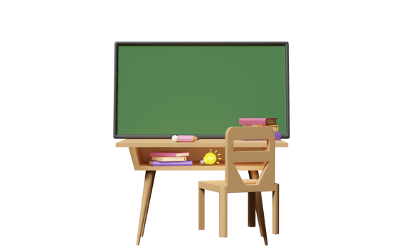 3d green blackboard template with wooden school desk cartoon, chair, light bulb, book isolated. 3d render illustration png