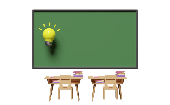 3d green blackboard template with light bulb, wooden school desk cartoon, chair, book isolated. idea tip concept, 3d render illustration png