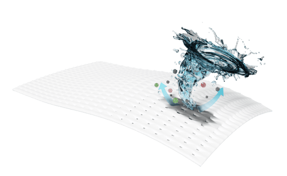 3d show liquid detergent, washing with a whirlpool, vortex, water rotating on the fabric fiber surface, advertising illustration clean with washing powder, isolated. 3d render png