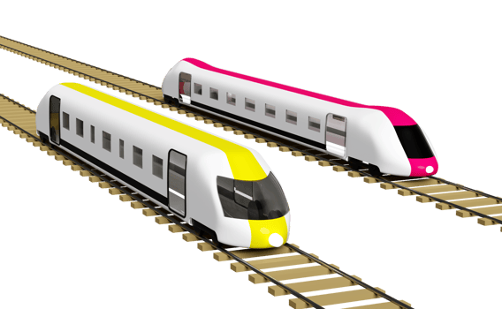 3d two bullet train cartoon with railroad tracks, sky train transport toy, summer travel service, planning traveler tourism train isolated. 3d render illustration png