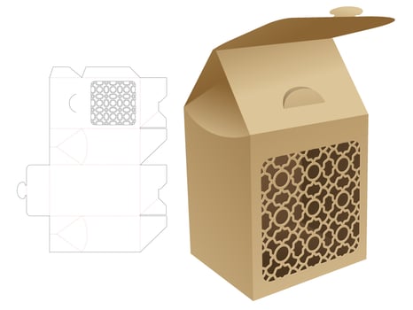 Flip packaging bag box with stenciled luxury pattern die cut template and 3D mockup vector