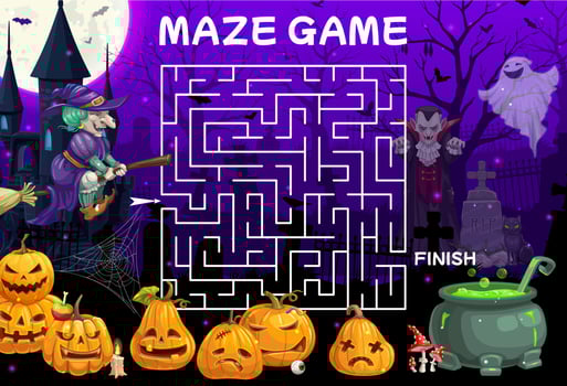 Halloween labyrinth maze, help witch find potion vector