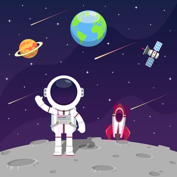 Vector Illustration of The astronaut landed on the moon with his rocket and saw a view of the earth and other planets surrounded by stars