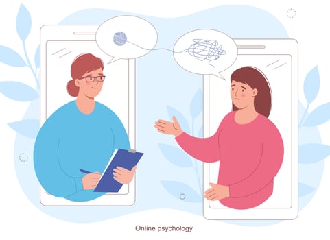 Psychotherapist and patient. An online psychotherapy session. Psychological assistance and counseling, treatment addictions and mental problems vector