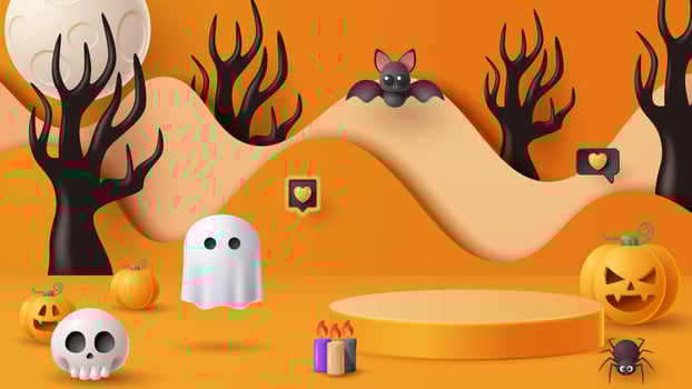 Halloween display podium decoration background with scary ornament. Vector 3D Illustration