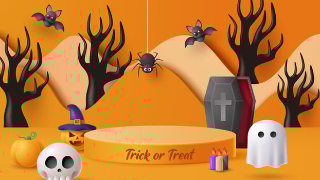 Halloween display podium decoration background with scary ornament. Vector 3D Illustration
