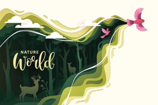 Flying bird in natural forest layered shape wavy background in paper cut style vector