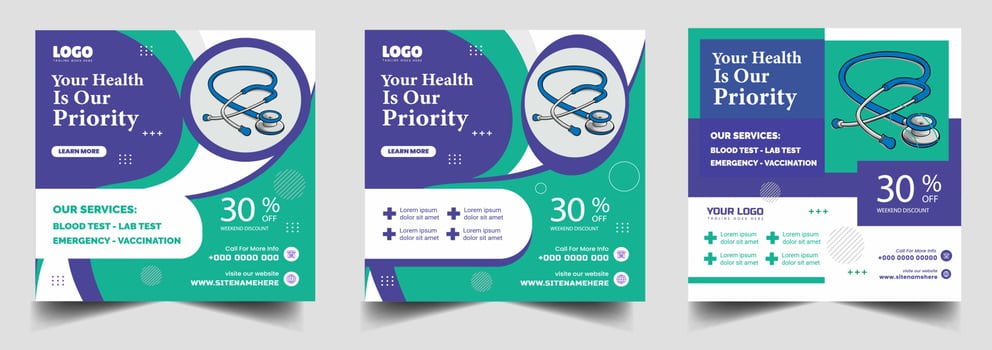 Professional medical healthcare service social media post template design. Clinic or hospital digital marketing flyer for web. Creative health business promotion banner vector
