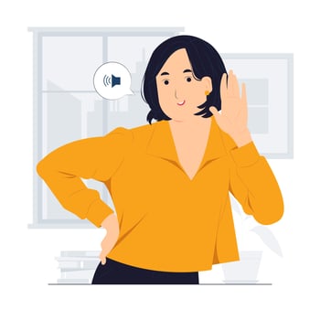 Hearing, listening, curiosity, gossip, deafness, pay attention and woman holding hand near ear concept illustration vector