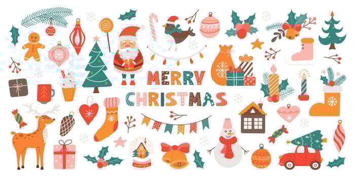 Big Christmas set of festive symbols and design elements. Cute flat illustration in hand drawn style on white background vector