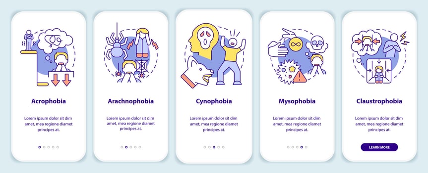 Most common phobias onboarding mobile app screen. Anxiety disorder walkthrough 5 steps graphic instructions pages with linear concepts. UI, UX, GUI template. vector