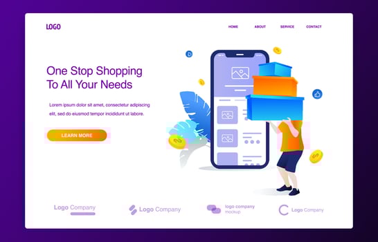 Man Lifting Shopping Boxes Using Smartphone For Online Shop vector