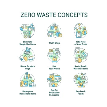 Zero waste concept icons set. Reuse and recycle practices idea thin line color illustrations. Repurpose household items. Isolated symbols. Editable stroke. vector