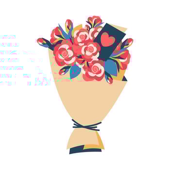 Bouquet of flowers in cartoon style isolated on white background. Floral element for birthday, holiday party, wedding invitation, greeting card. Vector template.