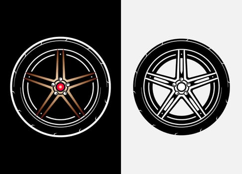 Different color set of car wheels, rubber tyre, car tyre, truck wheel illustration in race style. Racing wheels vector. Black and white isolated background. Eps 10. vector