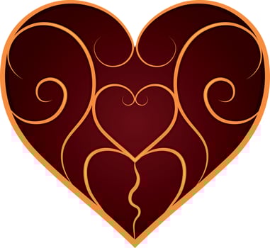 Deep red glowing heart with golden pattern on surface vector illustration