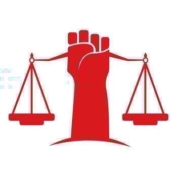 Justice Scales in Hand logo template design. Revolution justice logo concept. vector