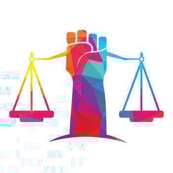 Justice Scales in Hand logo template design. Revolution justice logo concept. vector