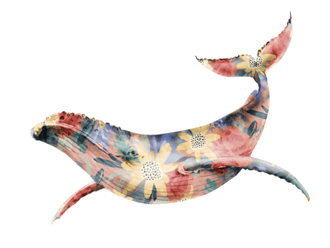 watercolor illustration of a large blue whale with multicolored floral print. hand painted . png