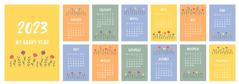 Calendar 2023 template. Monthly calendar 2023 with cute white cute flowers in trendy colors, cartoon style. Starts on Monday. A modern calendar for the office, organizer or for a gift. vector
