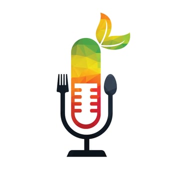 Podcast and Healthy food logo icon designs vector. Fork and spoon around a mic. vector