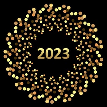 Happy New Year 2023 greeting card poster. Black background.Confetti. vector
