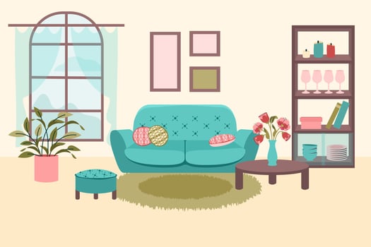 Living room interior. Modern design interior home. Different furniture in contemporary apartment. Cozy home. Vector cartoon flat illustration