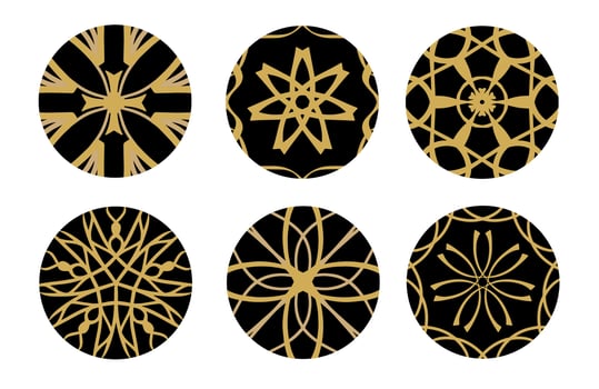 Set of Gold Geometric and Hand Drawing Ornaments with Tribal Shape in black circles. Designed in Ikat, Boho, Aztec, Folk, Motif, Gypsy, and Arabic Style. Elements for your design. Vector Illustration.
