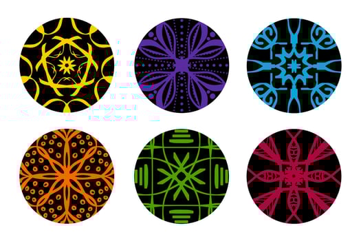 Colorful Geometric and Hand Drawing Ornaments with Tribal Shape in black circle. Designed in Ikat, Boho, Aztec, Folk, Motif, Gypsy, Arabic Style. Elements for your design. Vector Illustration.