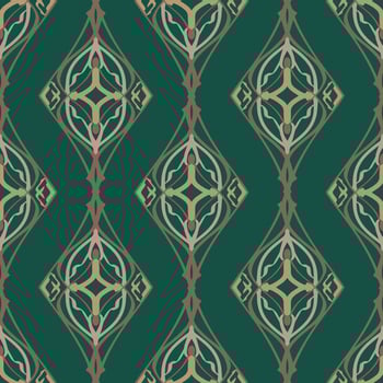 Elegant Green Geometric Seamless Pattern with Tribal Shape. Pattern designed in Ikat, Aztec, Moroccan, Thai, Luxury Arabic Style. Ideal for Fabric Garment, Ceramics, Wallpaper. Vector Illustration.