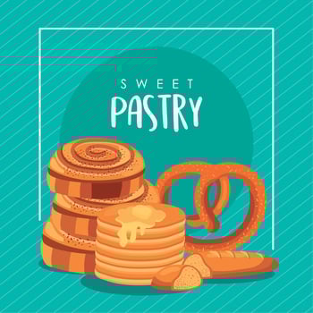sweet pastry lettering and pancakes vector