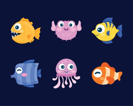 six sealife animals icons vector
