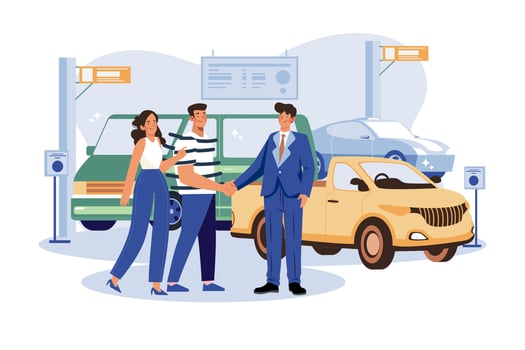 Happy customers couple handshaking with a manager in an auto salon vector