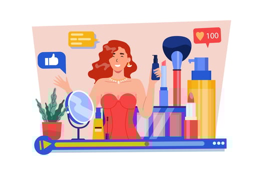 Cute woman vlogger making video, cosmetics review for beauty blog Illustration concept on white background vector