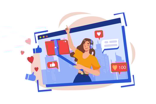 Stylish girl holding smartphone on a selfie stick and shooting video for the blog Illustration concept on white background vector