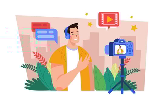 Guy makes selfie photos and videos on a camera Illustration concept on white background vector