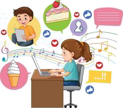 Cute girl browsing social media on laptop vector