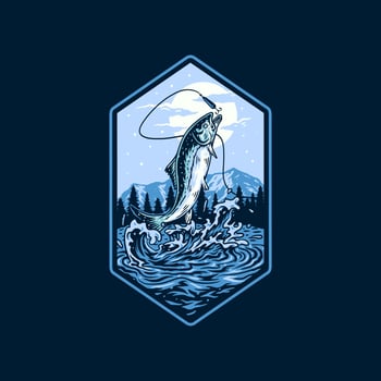 Salmon fishing, hand drawn line style with digital color, vector illustration