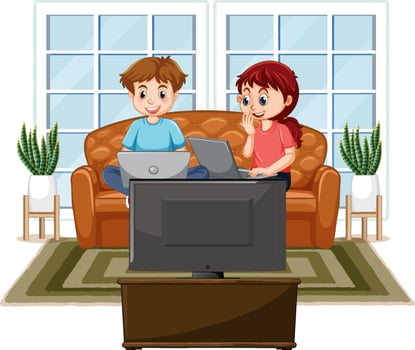 At home scene with children using their laptops vector