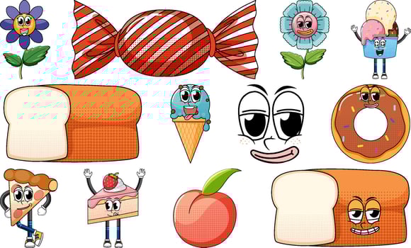 Set of objects and foods cartoon characters vector