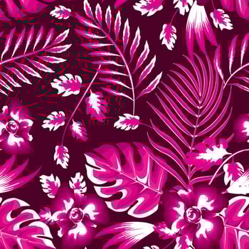 Trending abstract seamless pattern with pink monochromatic tropical plants leaves and flowers on dark background. Vector design. Jungle print. Floral background. Printing and textiles. Exotic Summer.