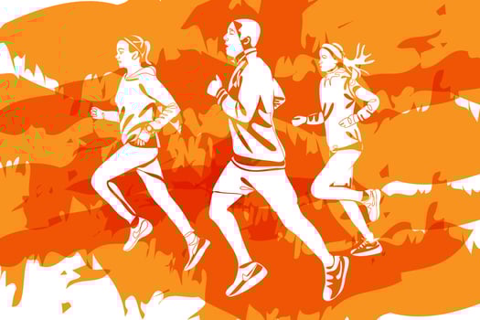 Silhouettes of people running autumn marathon on orange background vector