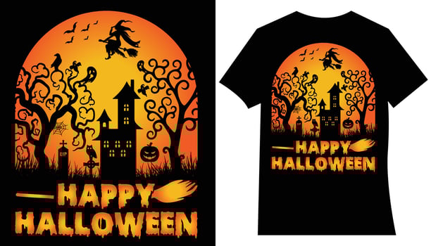 Happy Halloween t-shirt design vector. Vector cartoon style illustration of pumpkin, witch cat, and bats, isolated on white background. Print for t-shirt or poster design. Happy Halloween text.