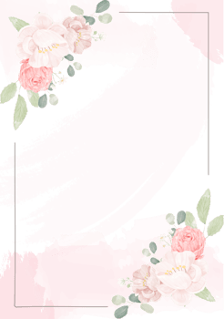pink rose and peony flower bouquet wreath with frame on pink watercolor splash background png